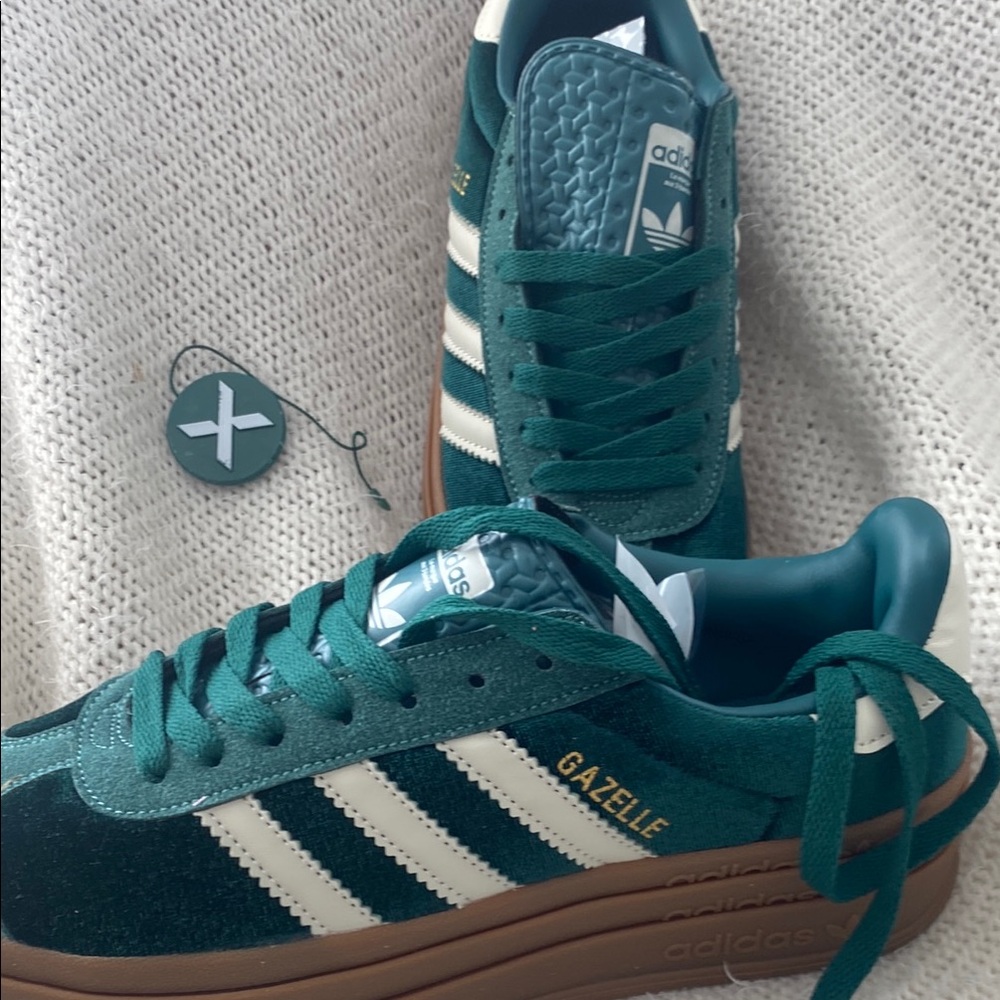 Adidas Gazelle Green Velvet and White Sneakers